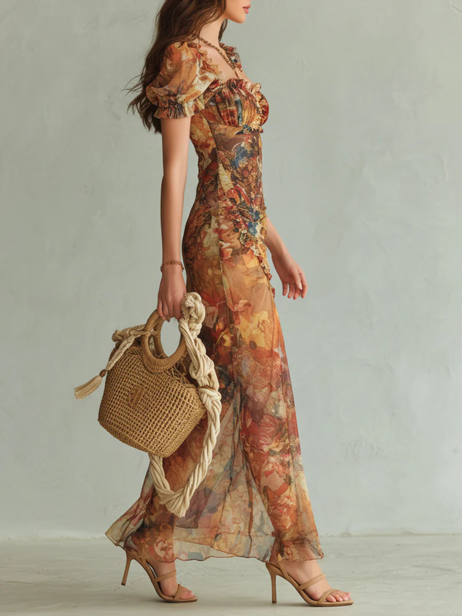 Viola - Vestito lungo in chiffon arancione con stampa ad olio in stile bohémien