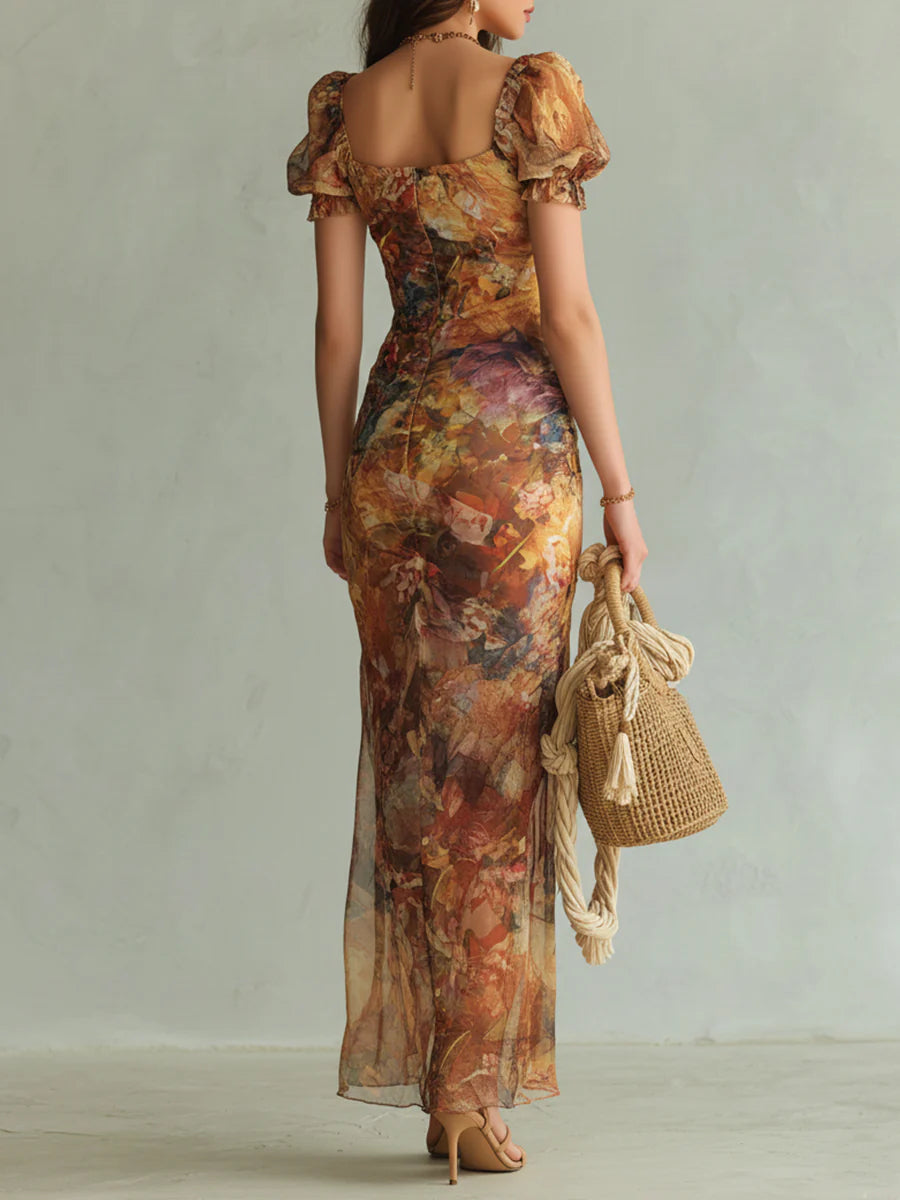 Viola - Vestito lungo in chiffon arancione con stampa ad olio in stile bohémien