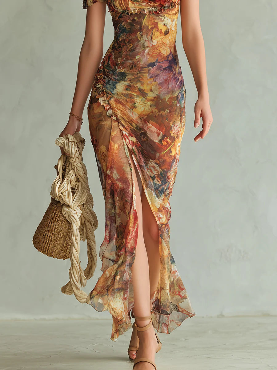 Viola - Vestito lungo in chiffon arancione con stampa ad olio in stile bohémien