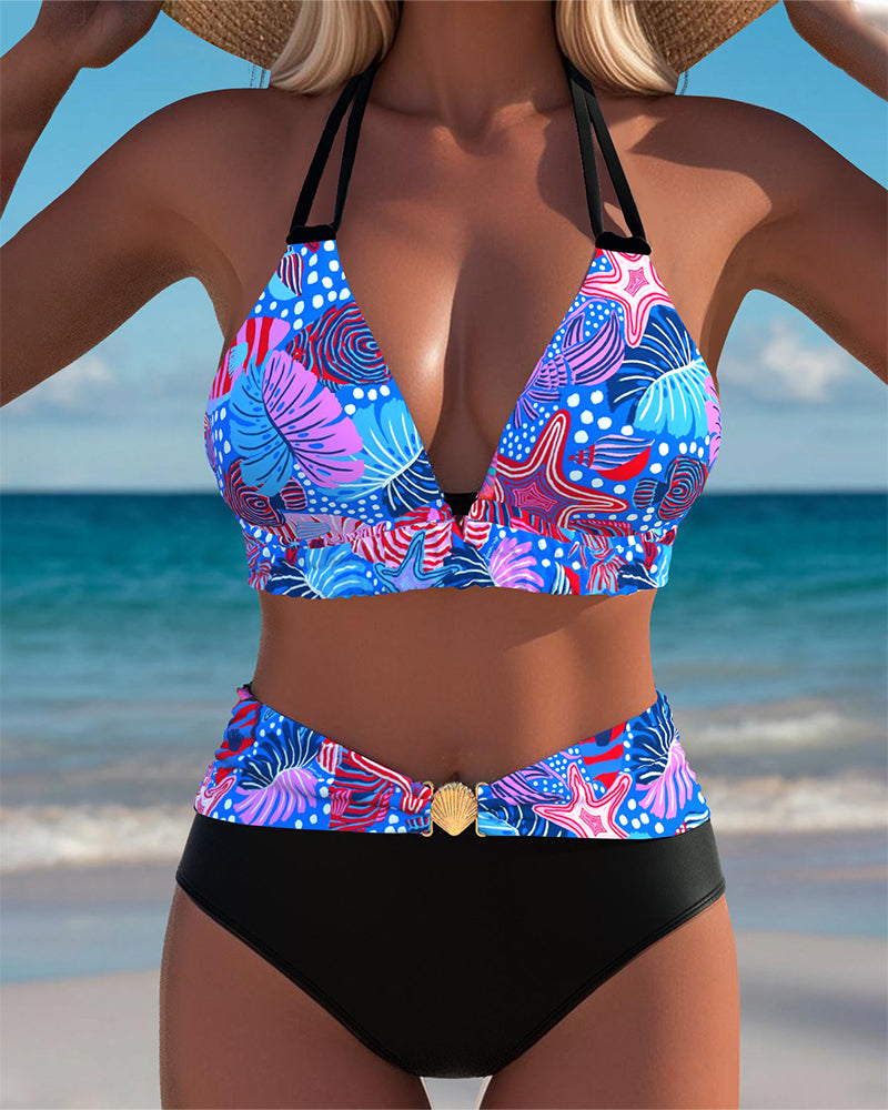 Bikini sexy con reggiseno stampato allacciato al collo