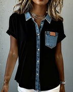T-Shirt Denim Patchwork con Risvolto