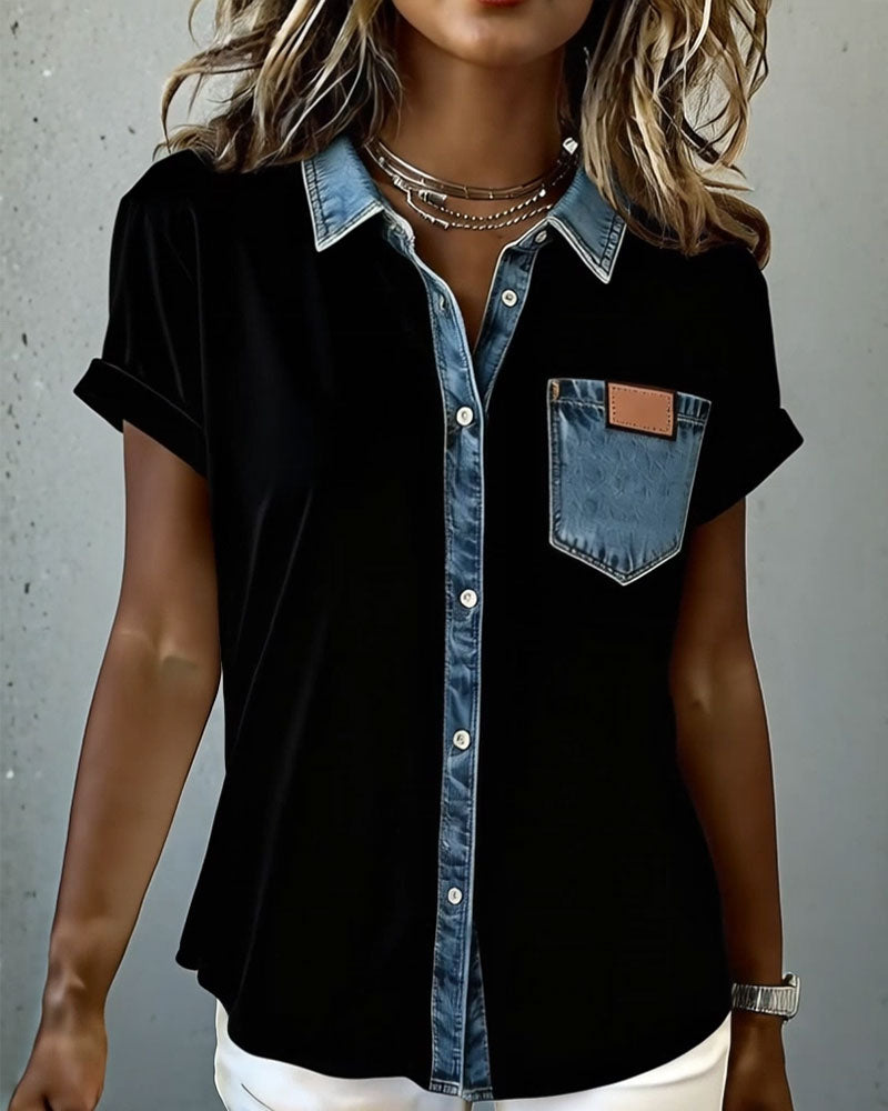 T-Shirt Denim Patchwork con Risvolto