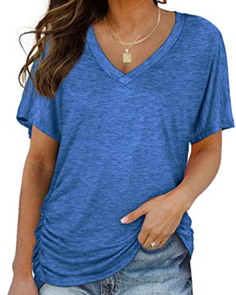T-shirt Plissé Monocromatico con Scollo a V