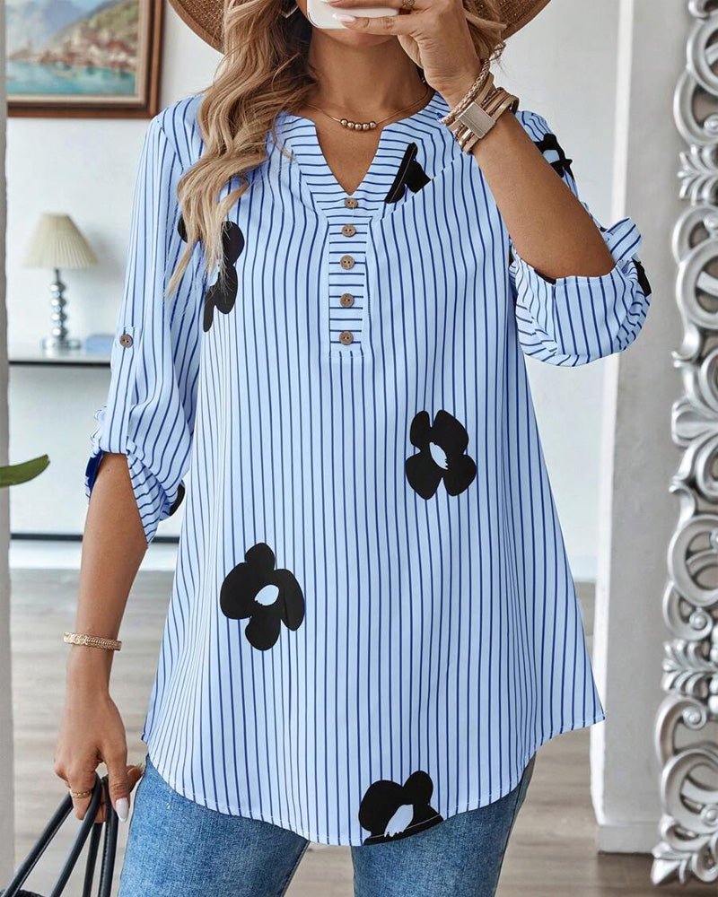Camicia a righe stampata con scollo a V alla moda
