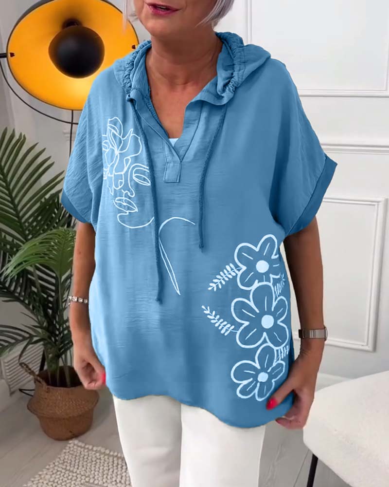 Blusa casual con cappuccio e maniche corte con stampa floreale