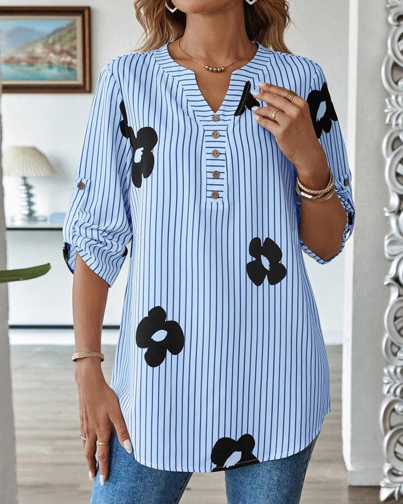 Camicia a righe stampata con scollo a V alla moda