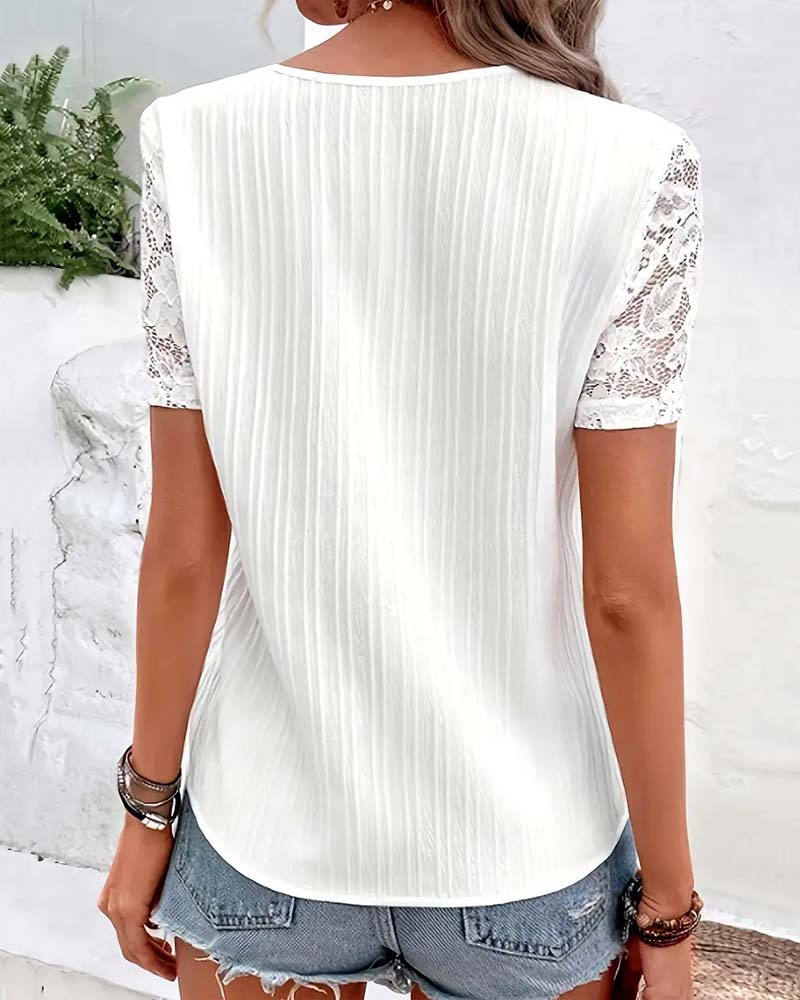Blusa Scollo a V Tinta Unita Pizzo Cuciture