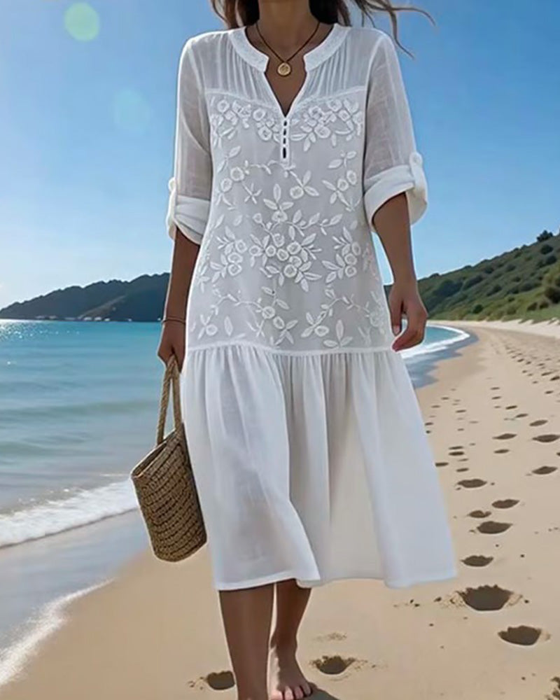 Abito con Scollo a V Ricamato Stile Vacanze