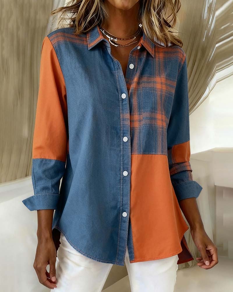 Camicia con revers e fantasia a quadri a contrasto
