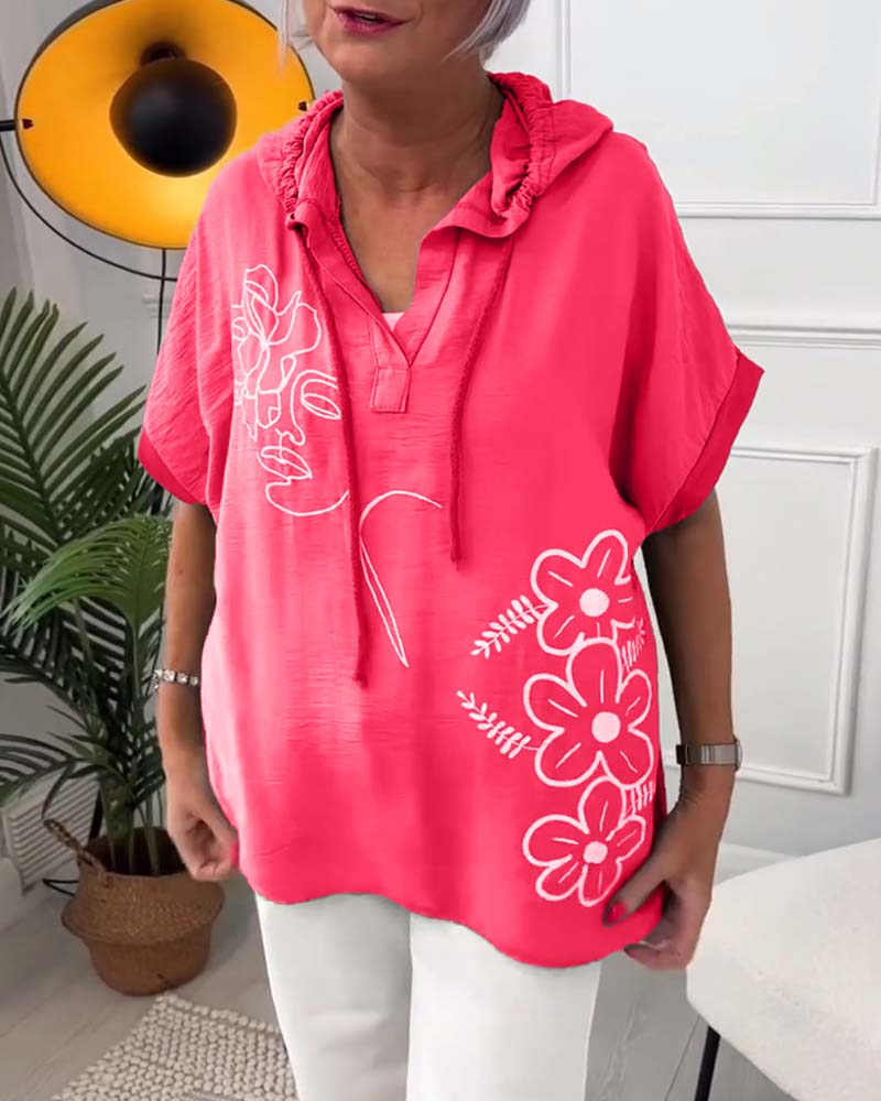 Blusa casual con cappuccio e maniche corte con stampa floreale