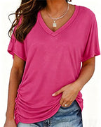 T-shirt Plissé Monocromatico con Scollo a V
