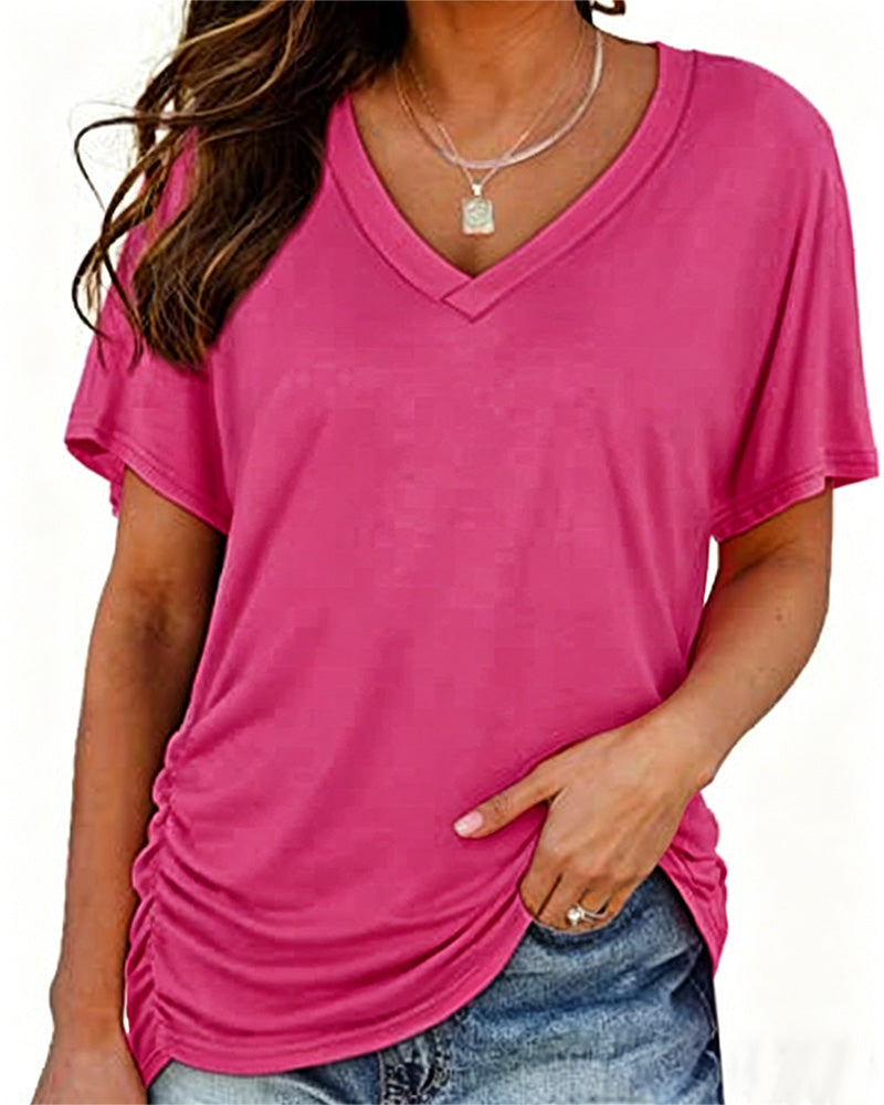 T-shirt Plissé Monocromatico con Scollo a V