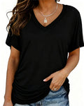 T-shirt Plissé Monocromatico con Scollo a V