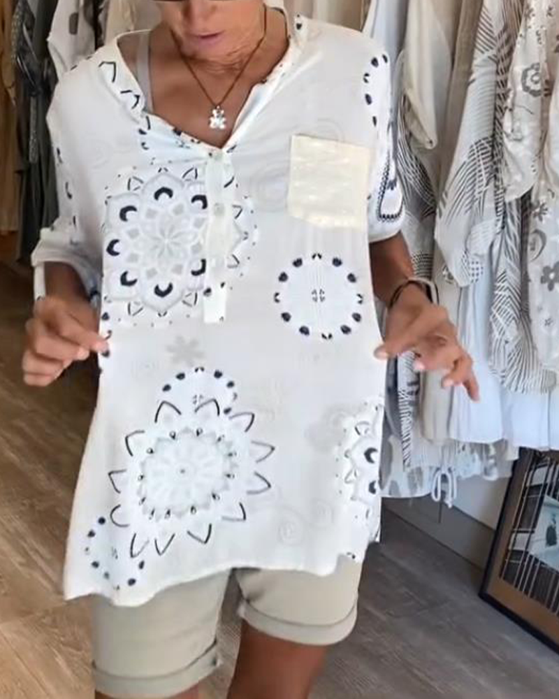 Camicetta Versatile con Stampa Scollo a V Maniche a Metà