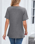 T-shirt a tinta unita con scollo a V casual a maniche corte