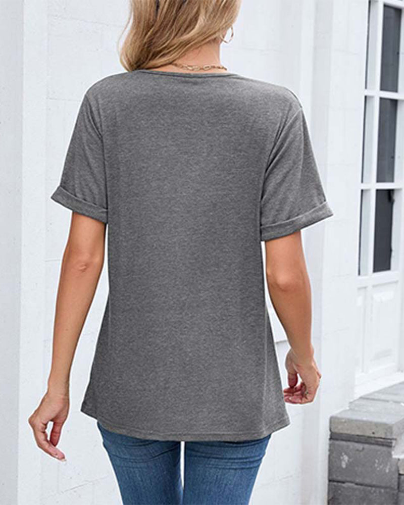 T-shirt a tinta unita con scollo a V casual a maniche corte