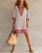 Vestito con Pannello Stampa Leopardata Manica a Sbuffo Camicia a Righe