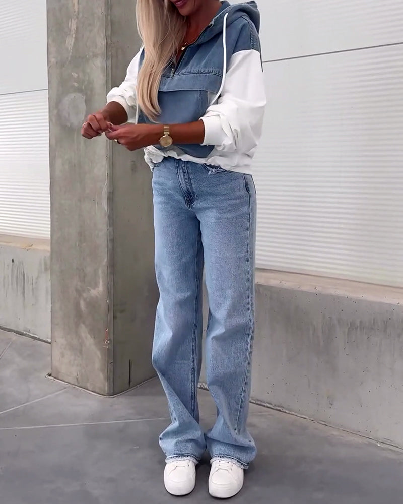 Felpa con cappuccio e zip in denim patchwork casual
