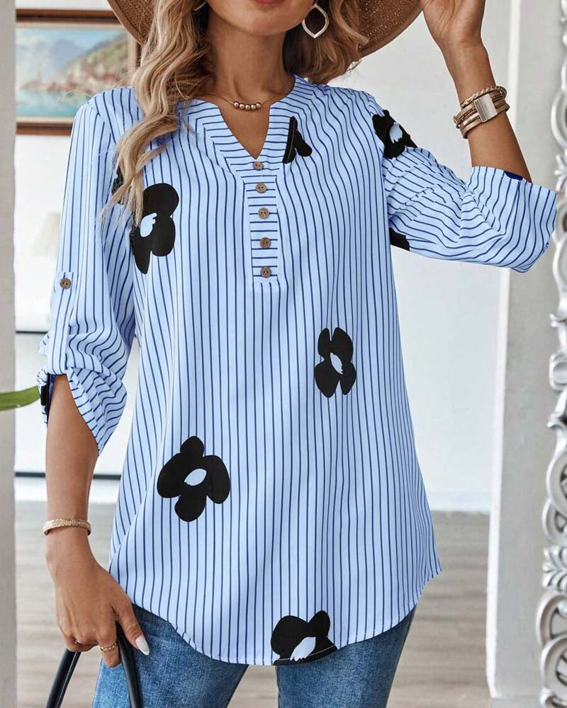 Camicia a righe stampata con scollo a V alla moda
