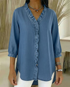 Camicetta con Volant Collo a V Denim