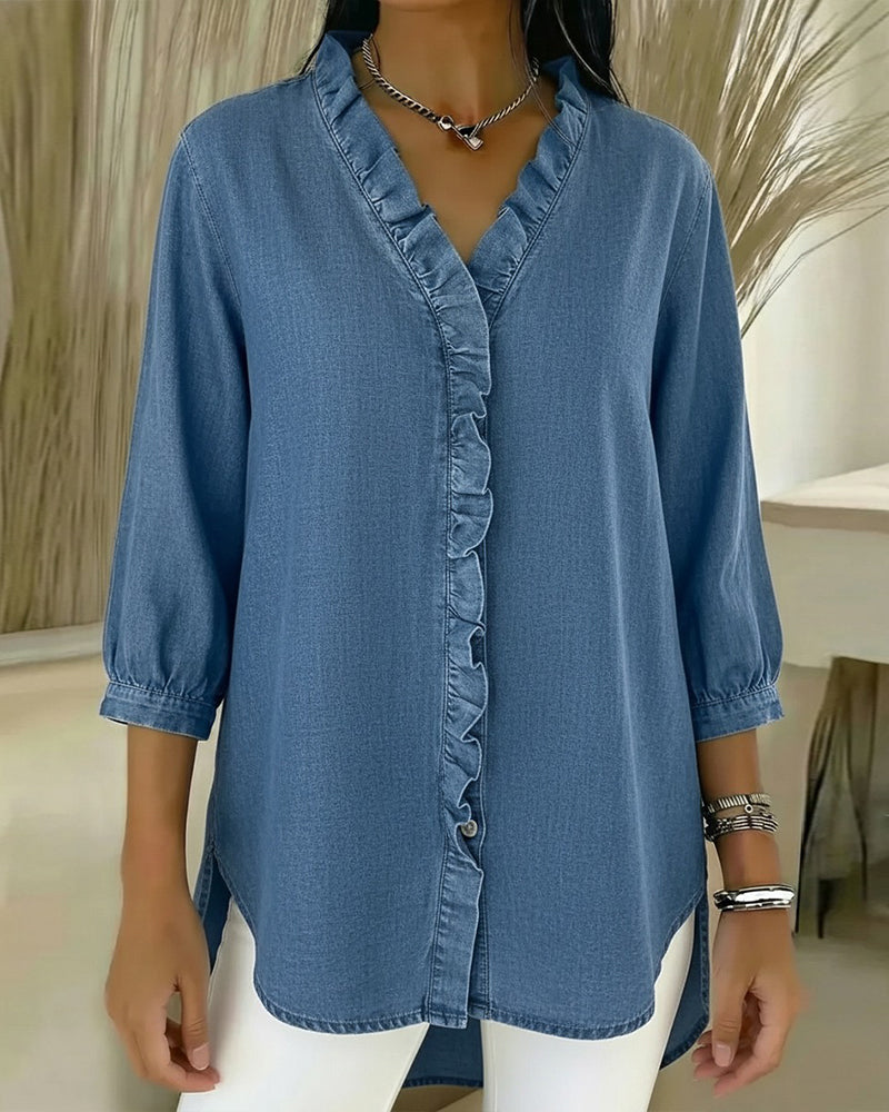 Camicetta con Volant Collo a V Denim