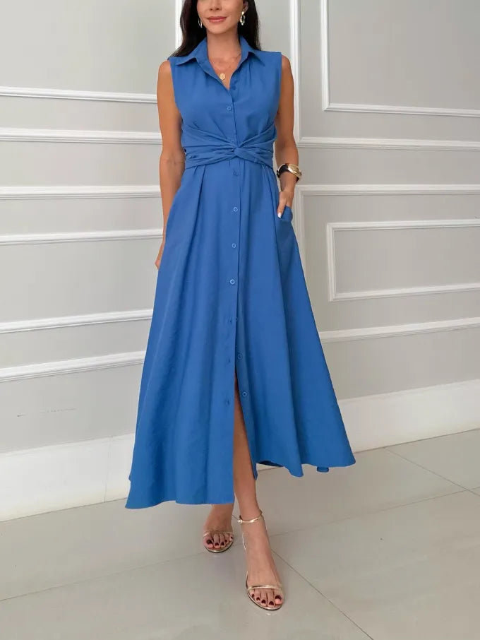 Vestito midi monopetto a camicia con cravatta