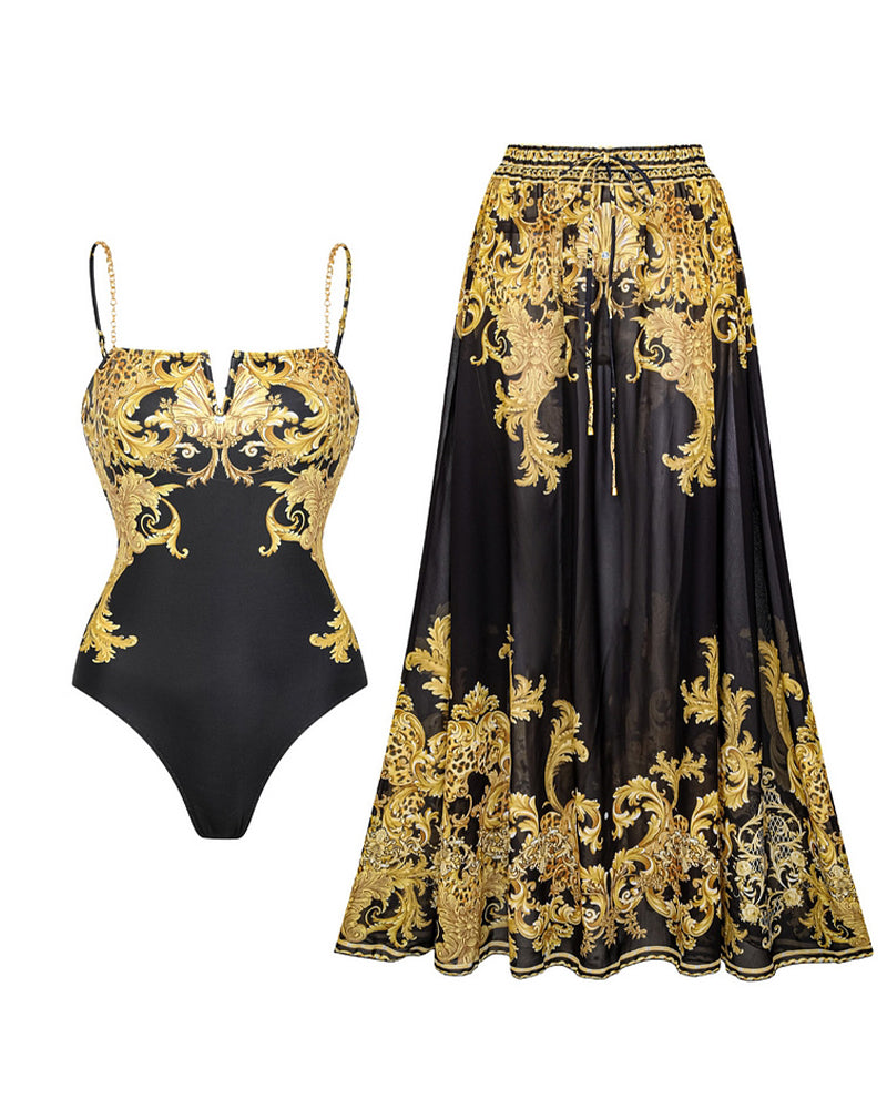 Costume da bagno vintage a rete stampato protezione solare