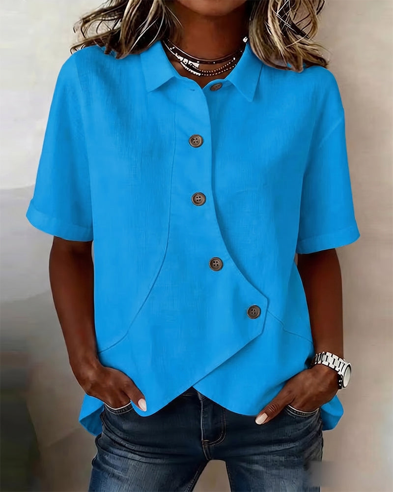 Camicia con Patta in Cotone-lino Asimmetrica abbottonata