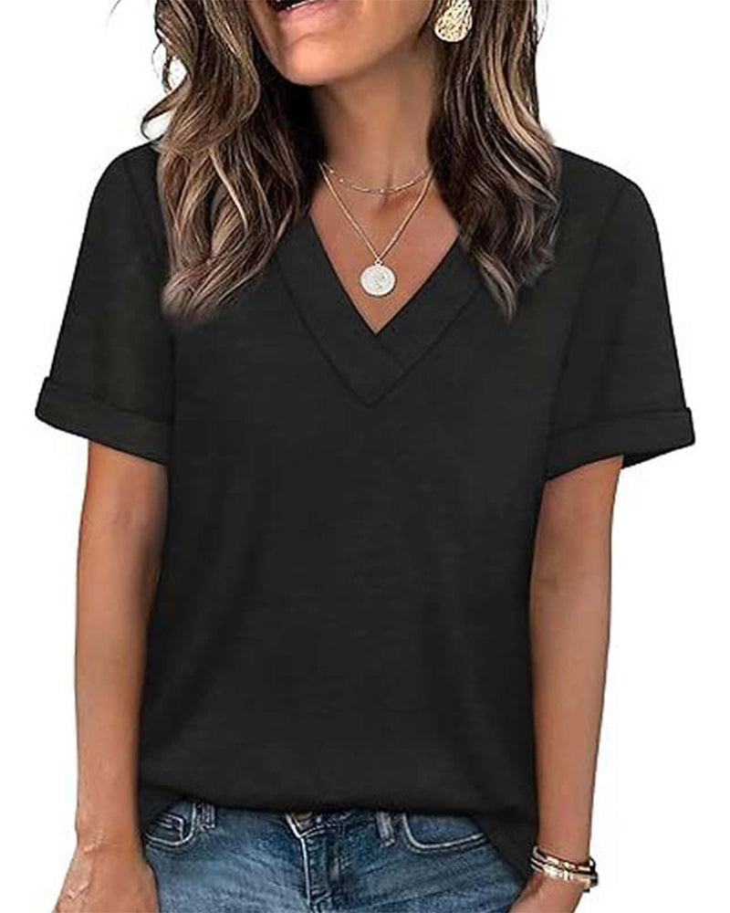 T-shirt a tinta unita con scollo a V casual a maniche corte