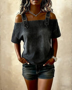 Camicetta a spalla scoperta in denim con bretelle