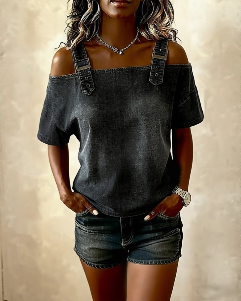 Camicetta a spalla scoperta in denim con bretelle