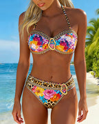 Bikini con scollo all'americana stampa leopardo e fibbia metallica