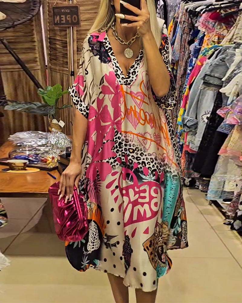 Abito casual con scollo a V profondo leopardato e colorato
