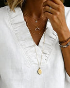Camicetta 100% Cotone Volant Scollo a V Manica Tre Quarti