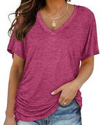 T-shirt Plissé Monocromatico con Scollo a V