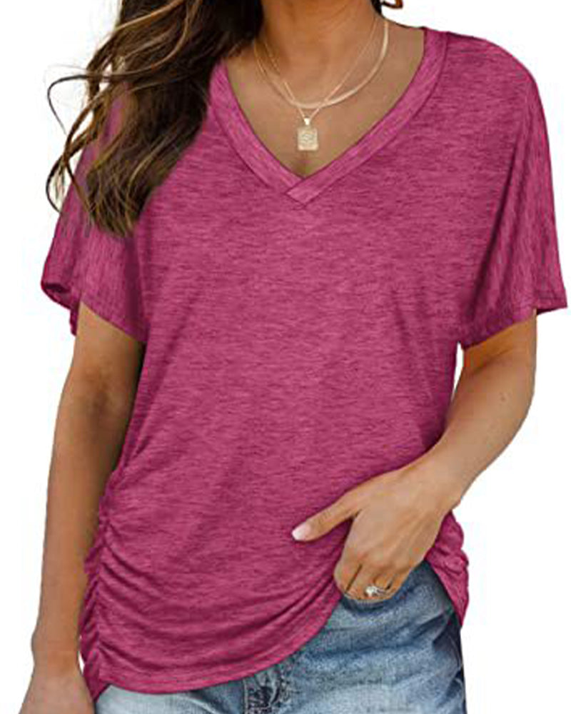 T-shirt Plissé Monocromatico con Scollo a V