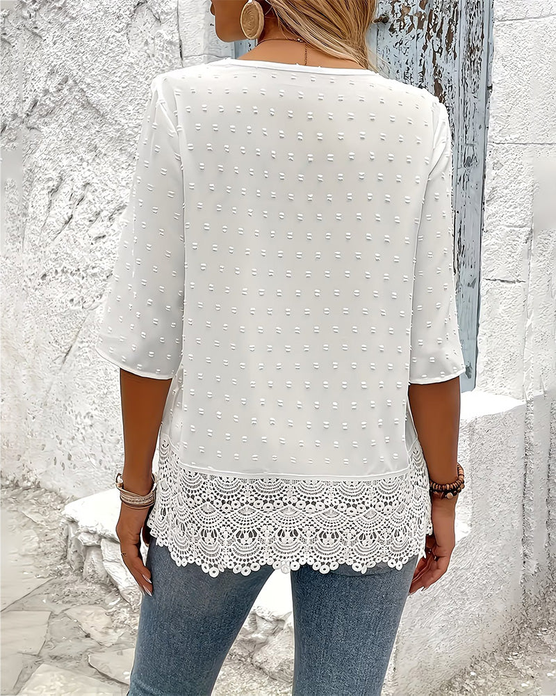 Camicetta Jacquard con pizzo Patchwork Scollo a V