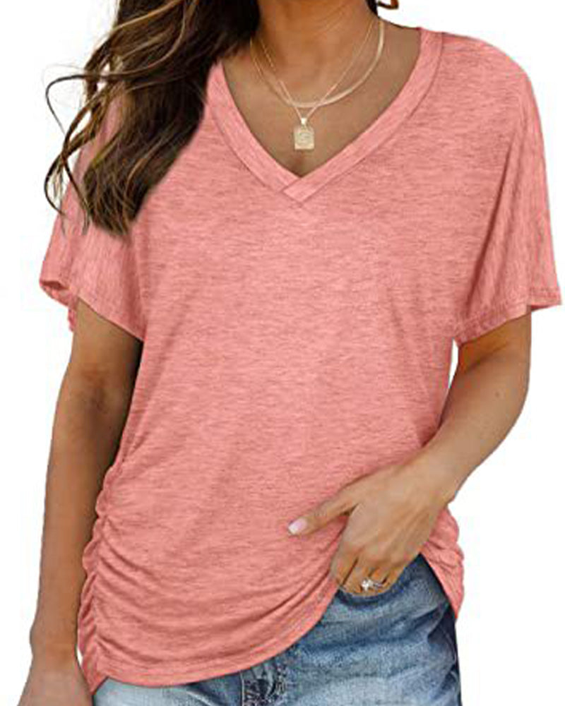 T-shirt Plissé Monocromatico con Scollo a V