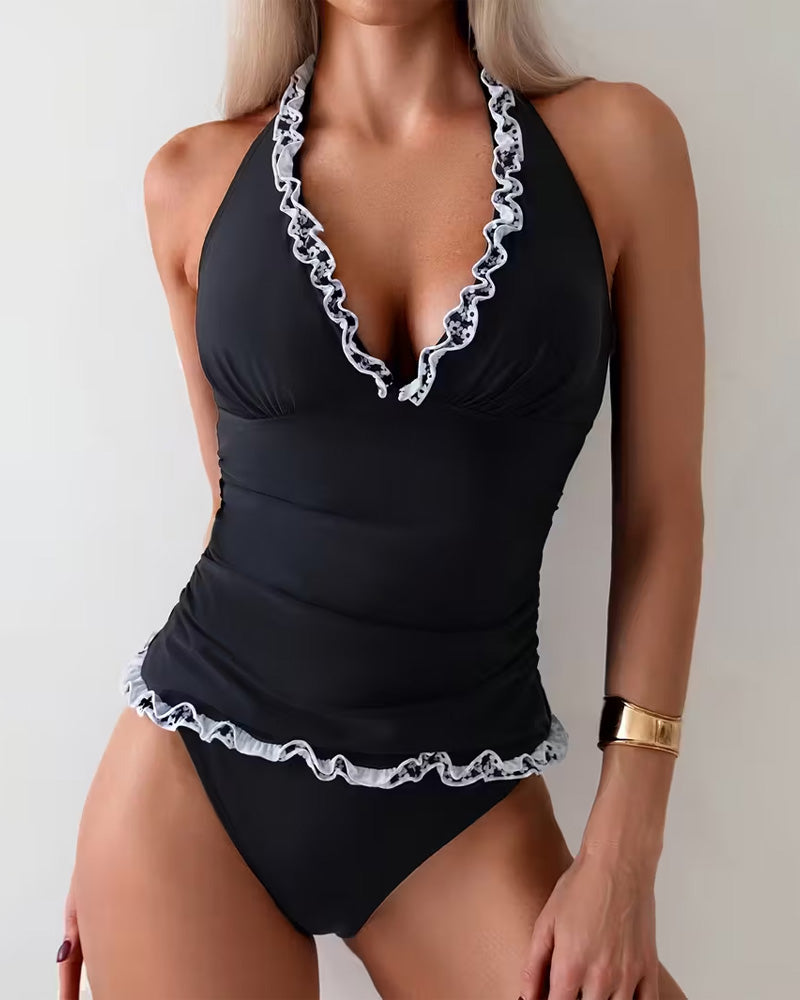 Costume da bagno due pezzi casual con volant e scollo a V