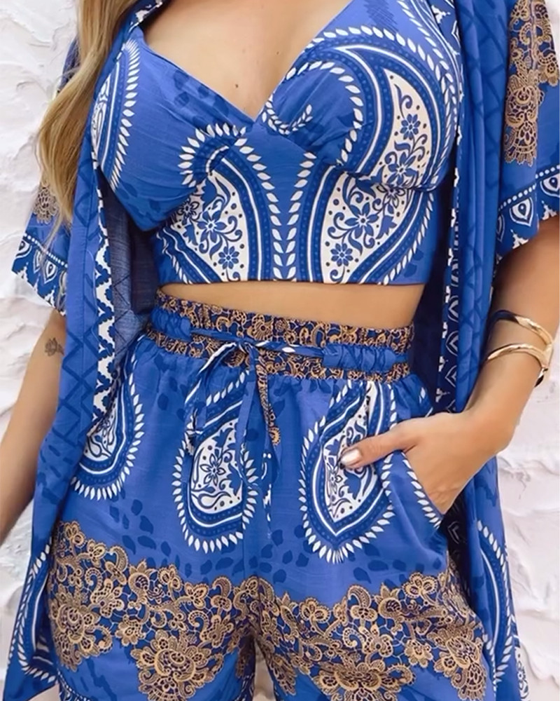 Elegante costume da bagno a tre pezzi con stampa cachemire