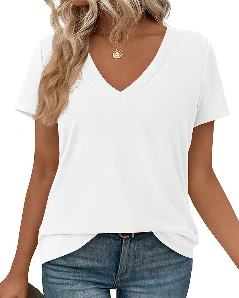 T-shirt pullover scollo a V a tinta unita