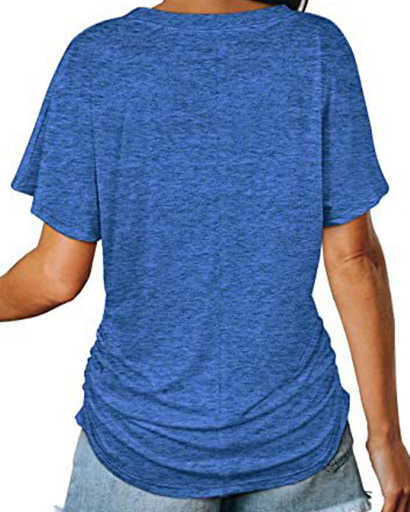 T-shirt Plissé Monocromatico con Scollo a V