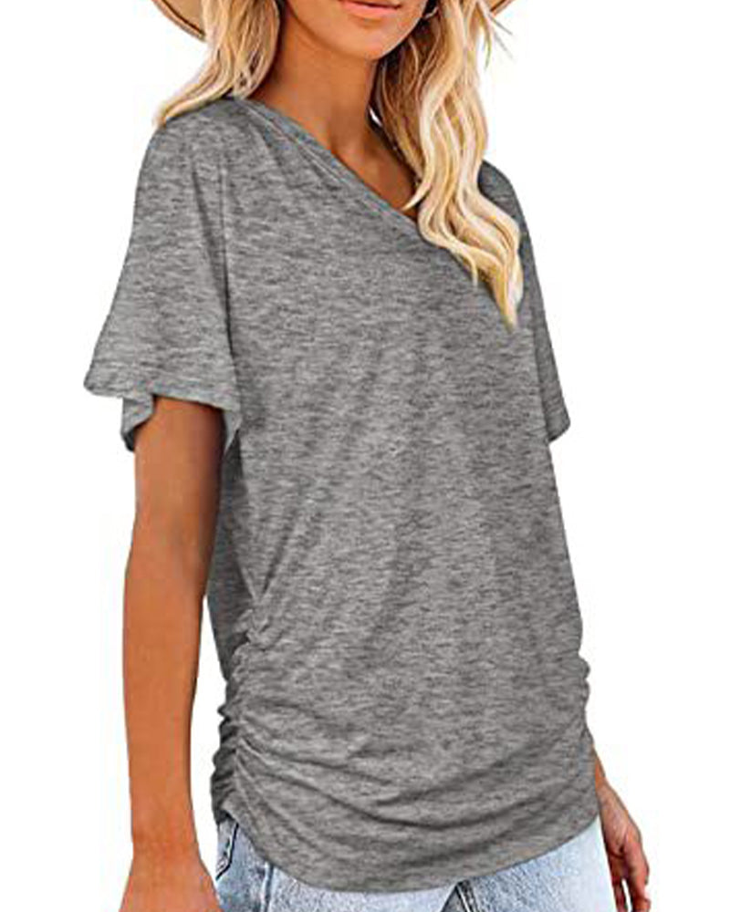 T-shirt Plissé Monocromatico con Scollo a V