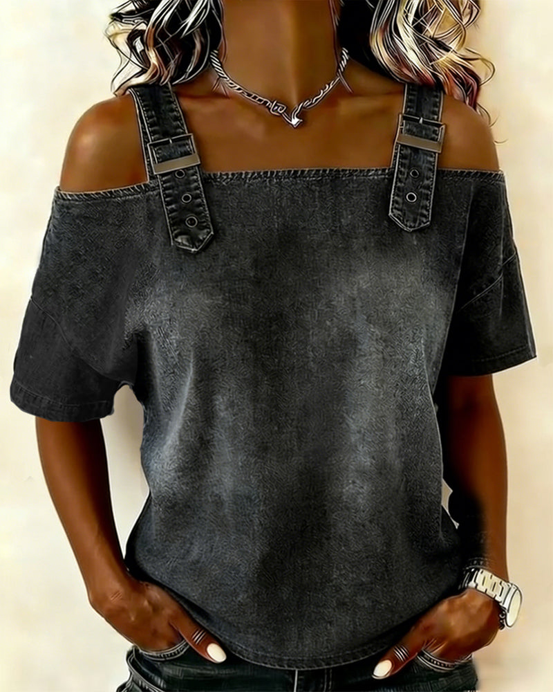 Camicetta a spalla scoperta in denim con bretelle