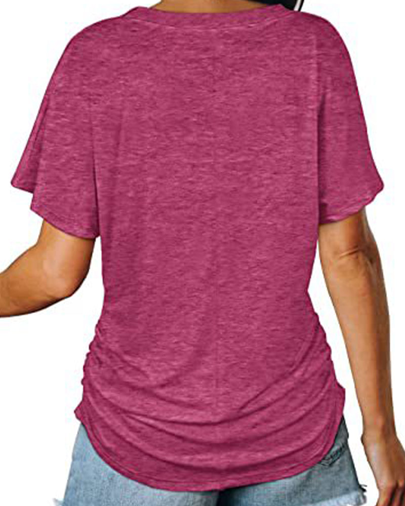 T-shirt Plissé Monocromatico con Scollo a V