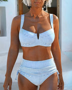Costume bikini a vita alta a righe con coulisse