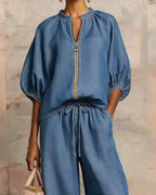 Completi Due Pezzi Cerniera Collo Tondo Top Ampio Pantaloni A Gamba Larga
