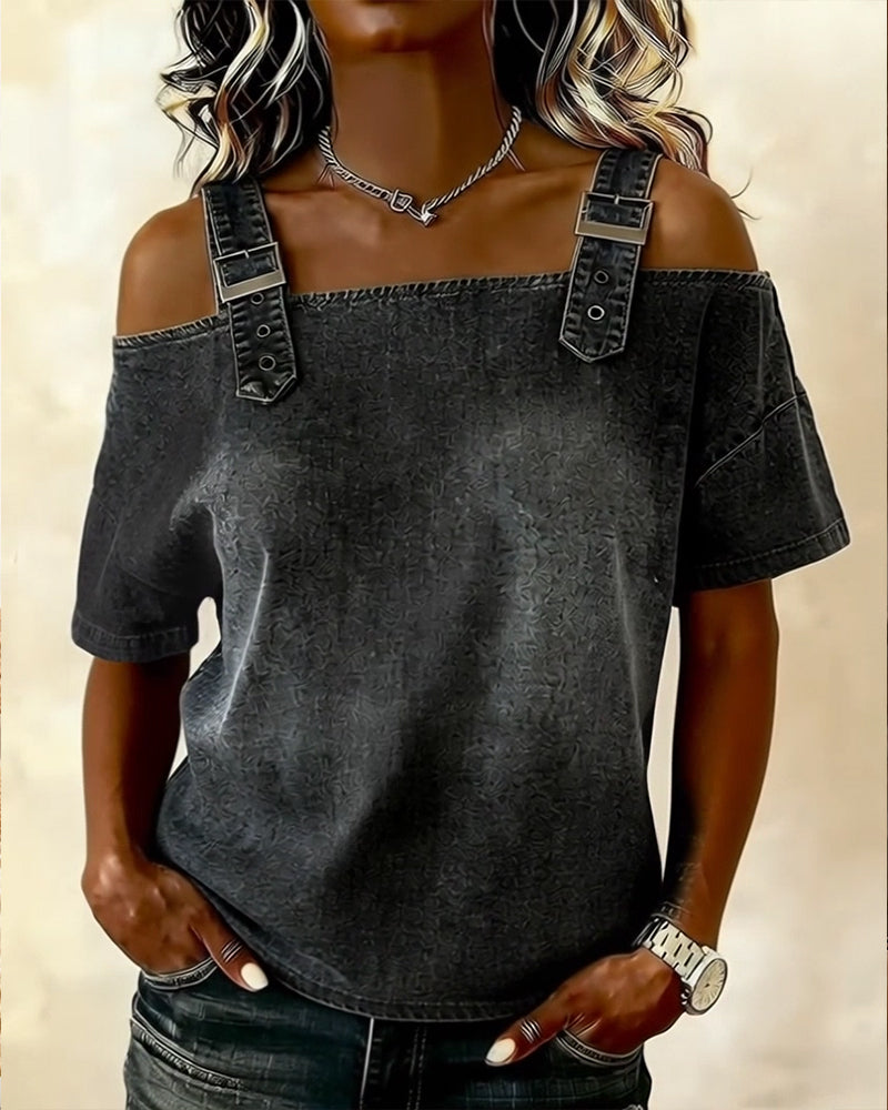 Camicetta a spalla scoperta in denim con bretelle