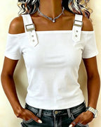 T-shirt con Fibbia a Cursore, Spalle Scoperte, Tinta Unita, Casual