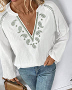 Camicetta casual stampata a maniche lunghe con scollo a V